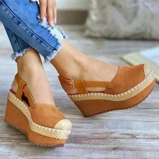 Wedge Heel Color-blocked Toe-toe Straw Buckle Sandals