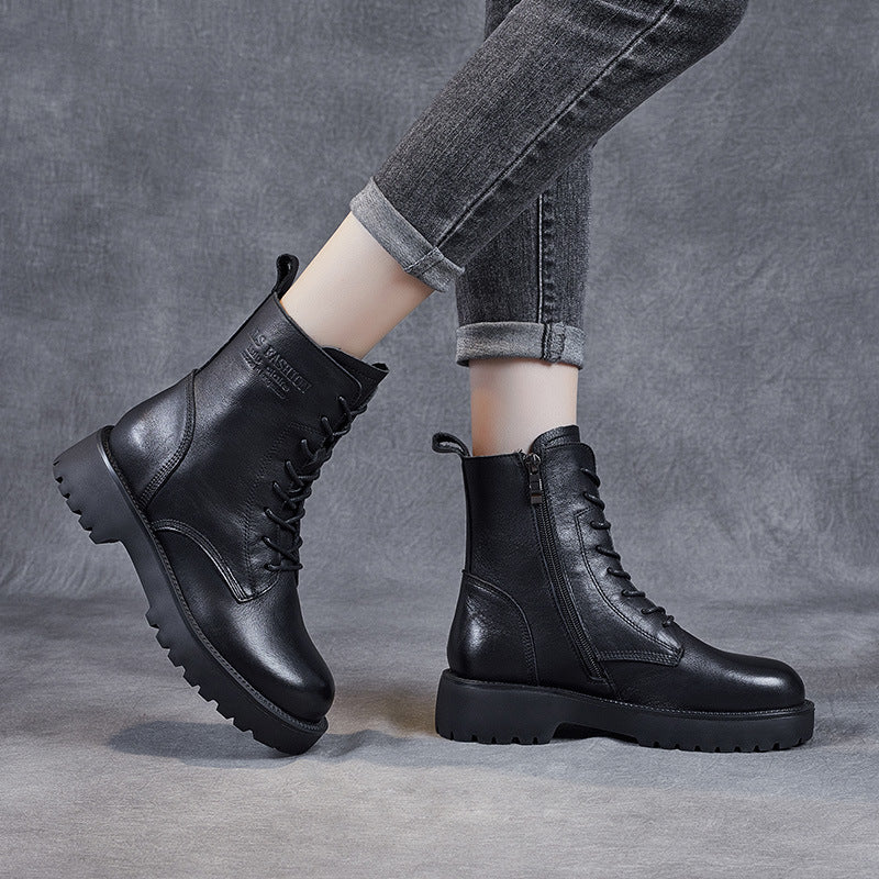 Womens Soft Leather Chunky-heel Ankle Boots With A Fleece-lined Interior