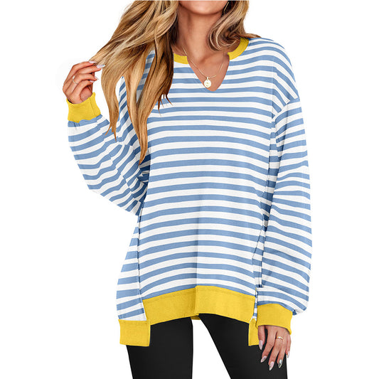 Farverig Stribet V-hals Løs Sweatshirt