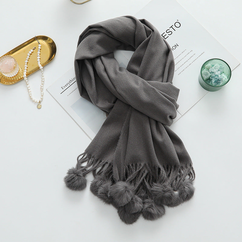 Versatile New-Style Womens Cape With Pompoms Cashmere And Wool Scarf