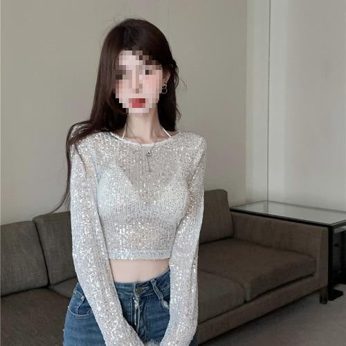 Hot Girl Paillet Besat Skinnende Top Manchet Syninger Strudsefjer Langærmet Kort