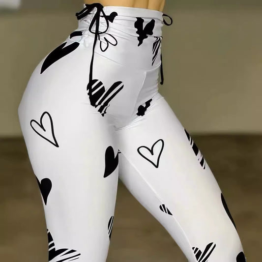 Leggings med snøre, hjerteprint, til yoga, sport, hiphop og fitness