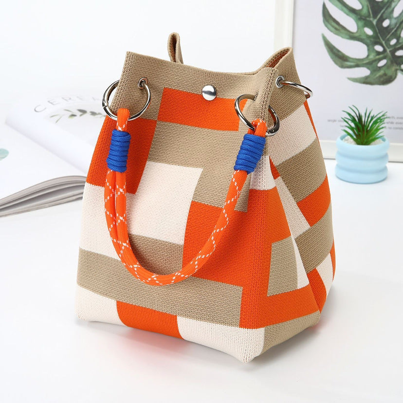 Womens Red Knitted Tote Bag With Magnetic Closure And Large Capacity