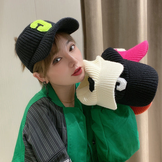 Female C Letter Fleece Warm Empty Top Knitted Baseball Hat