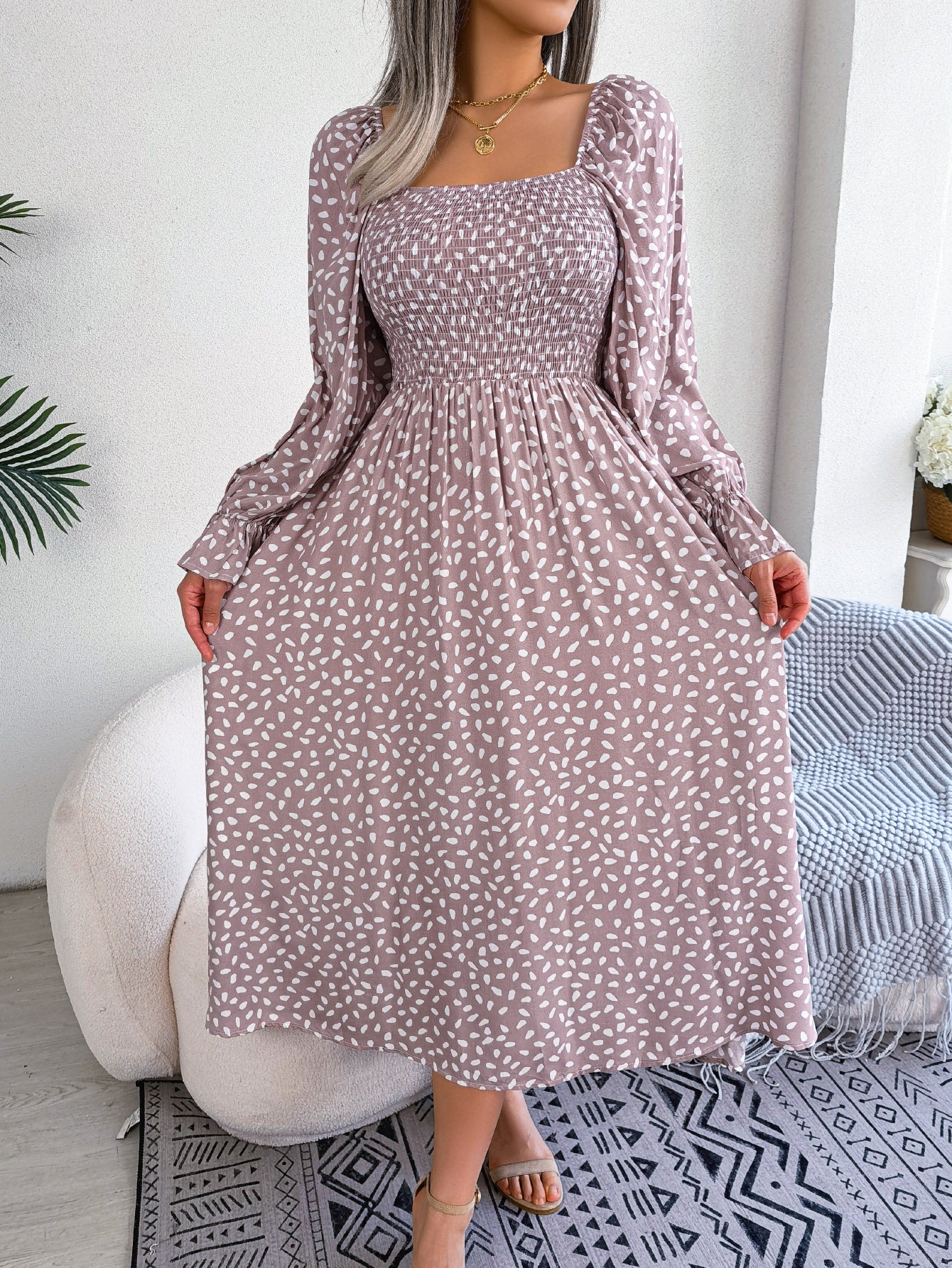 Women Square Neck Long Sleeve Vacation Rayon Pleated Maxi Dress