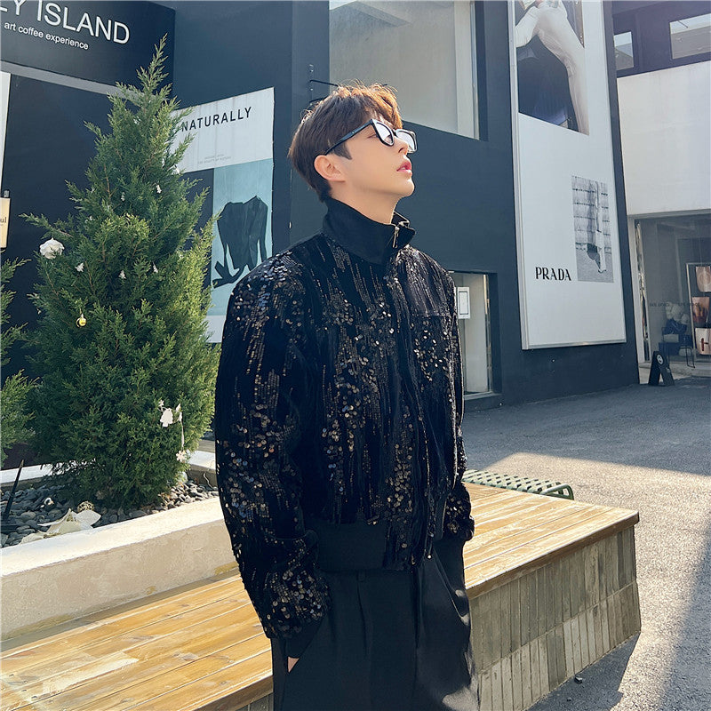 Fried Street Glitter Sequin Jacquard Small Stand-up Collar Jacket For Men
