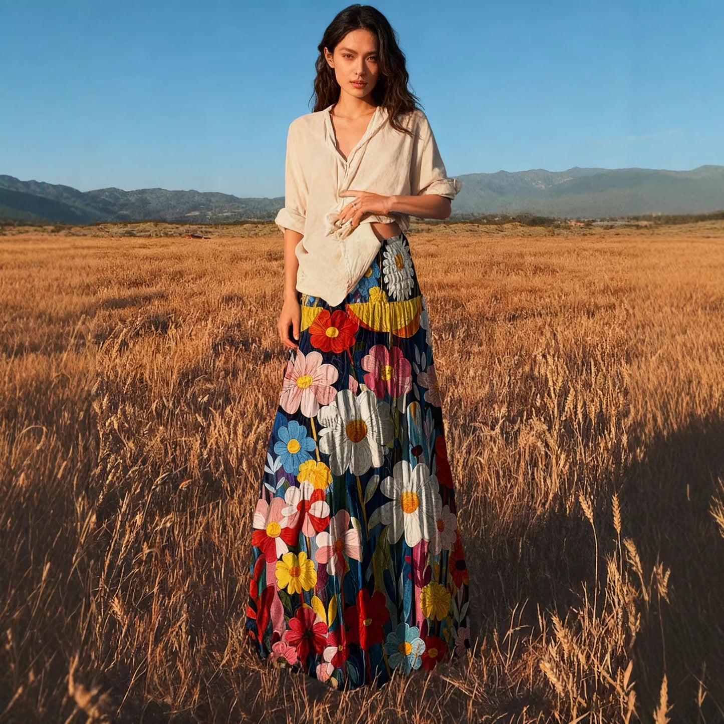 Oil Painting Large Swing Romantic Skirt With Elastic Waist