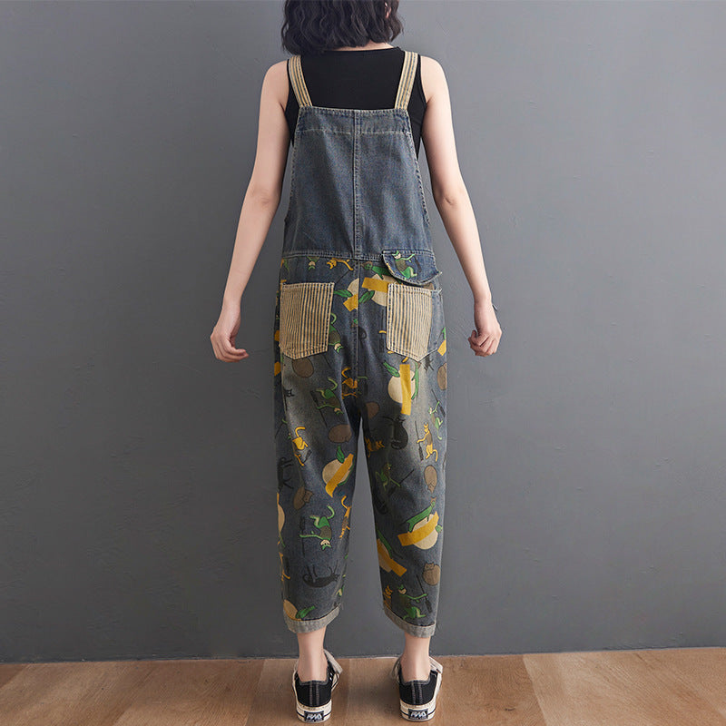 Women's Loose Plus Size Cartoon Print Denim Overalls