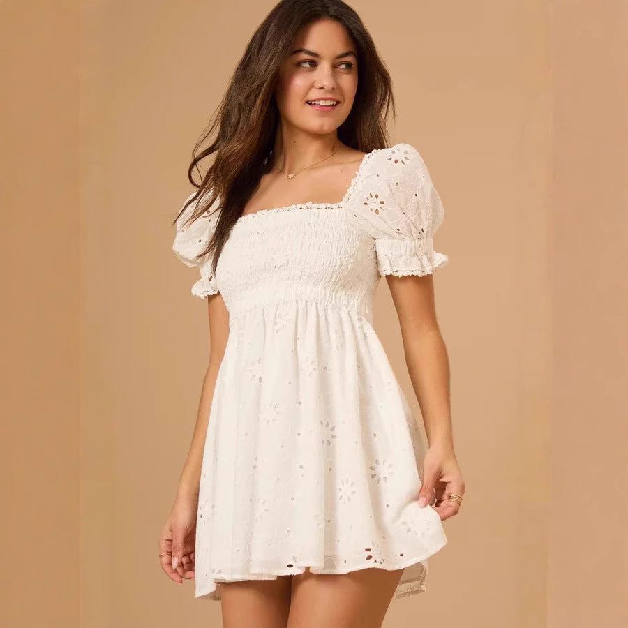 Vacation-style Sweet Embroidered Square-neck Dress