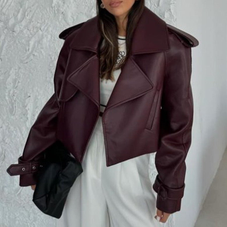 Manteau en cuir uni court et ample pour femme
