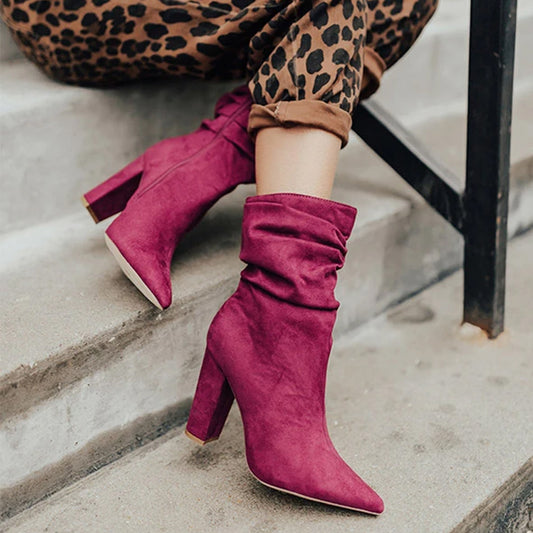 Side Zip High Block Heel Plus Size Short Boots