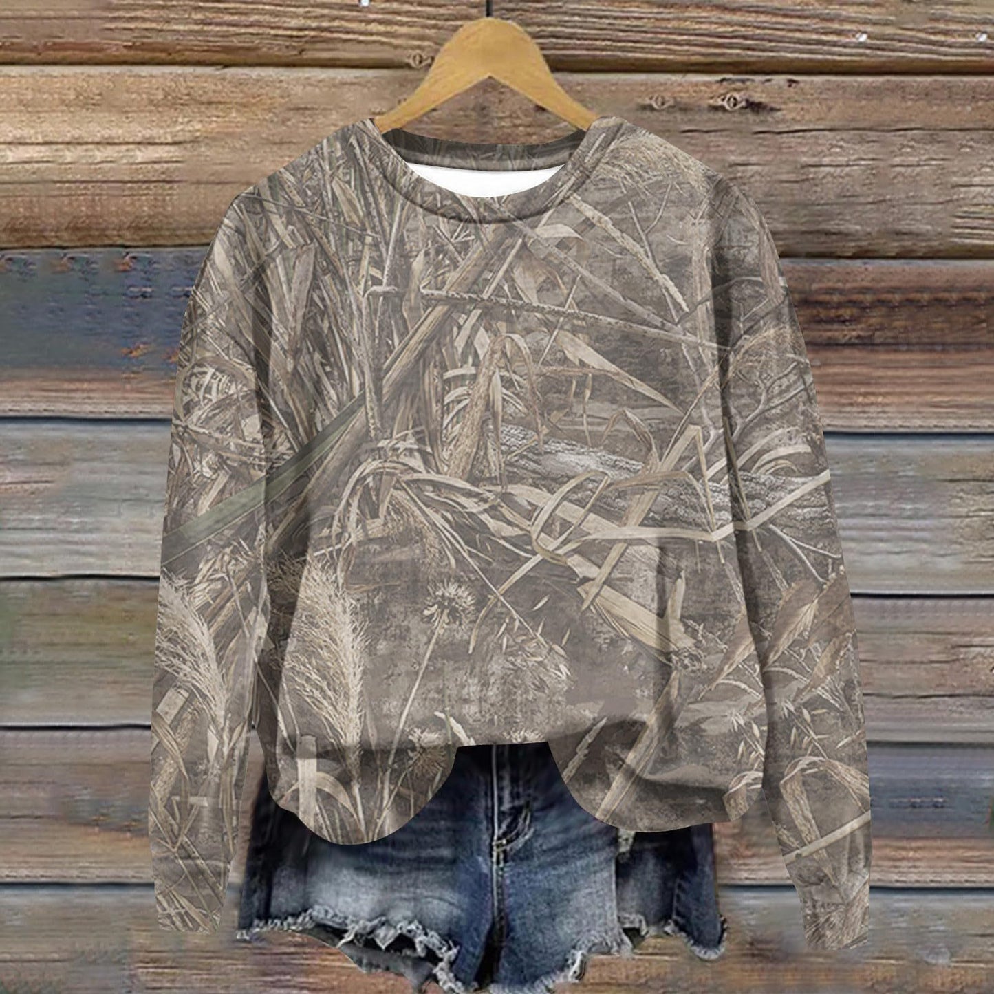 Camouflage Sweatshirt Maple Leaf Printed Crew Neck Sweatshirt
