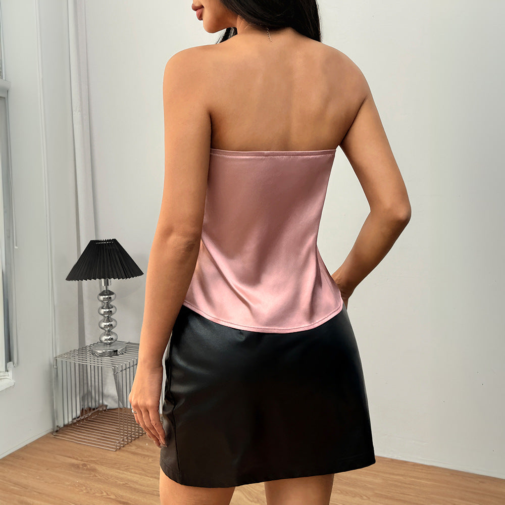 Sexy Satin Strapless Short Sleeveless Top Solid Color