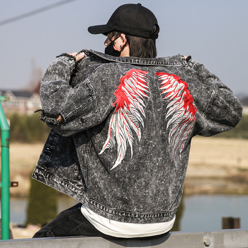 Wings Three-dimensional Embroidery Broken Holes Washed Youth Fashion Trend Denim Clothes