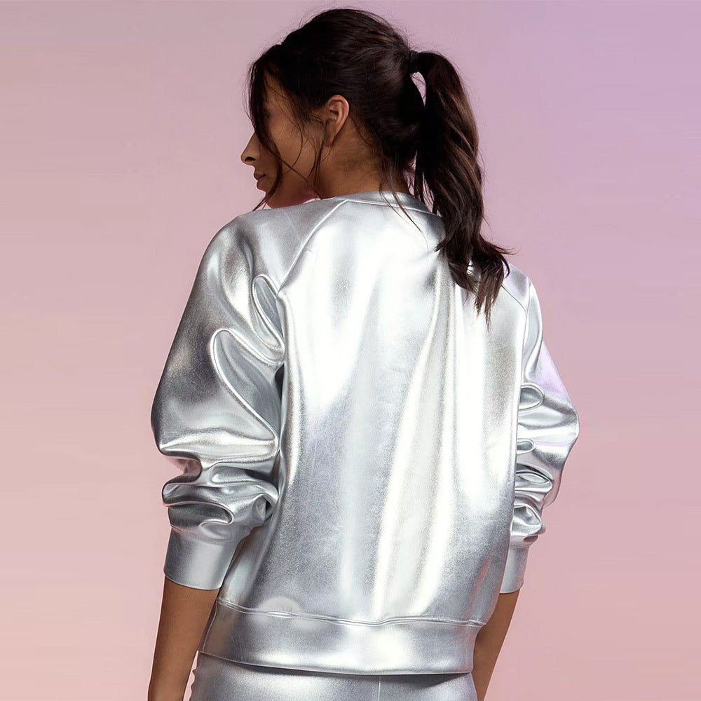 Round Neck Long Sleeve PU Leather European And American Top Leather Coat