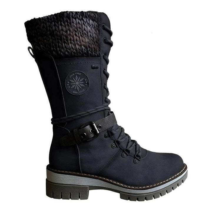 Round-toe Square-heel Leather-buckle Knit-mesh Dr Martens-style Boots
