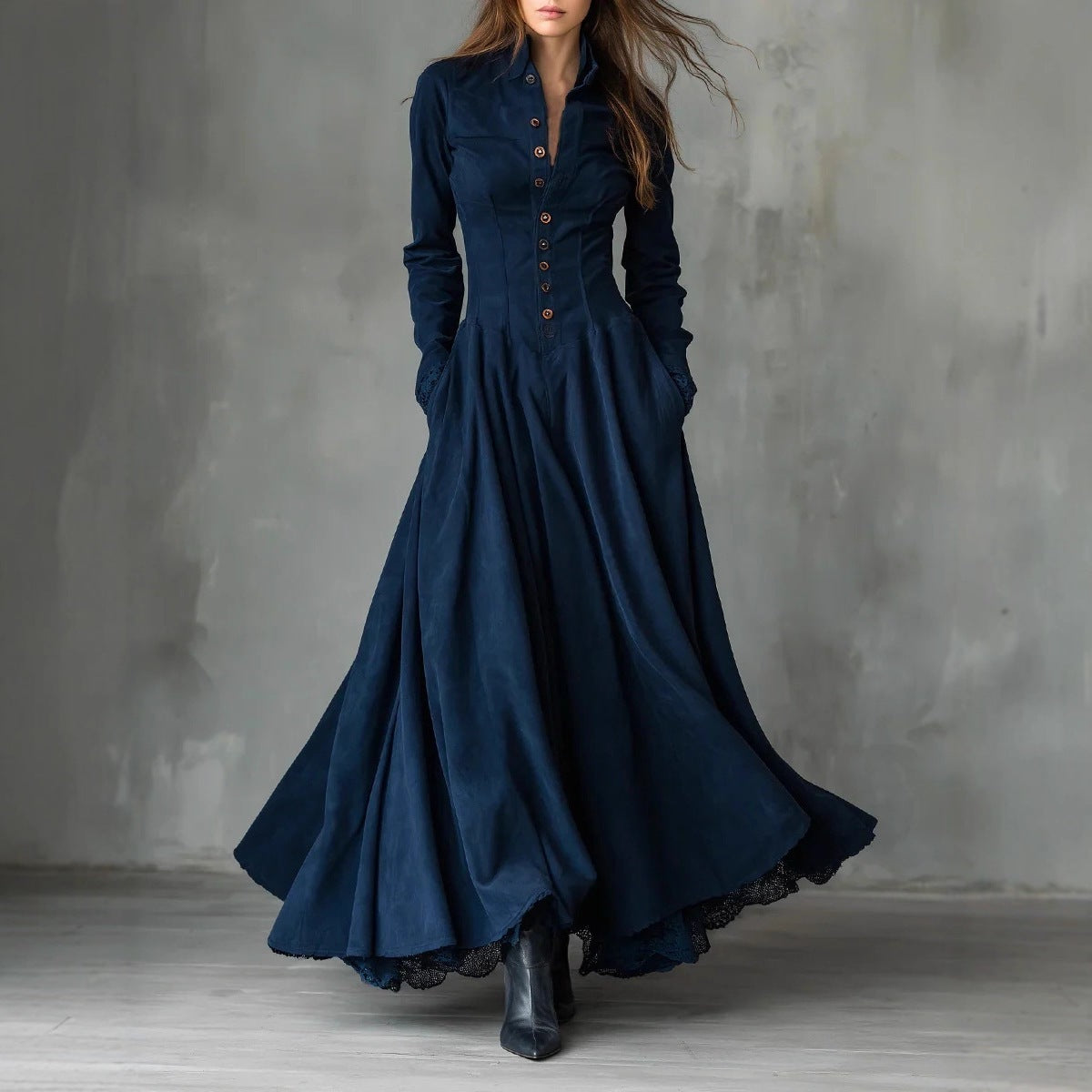 Retro Faux Suede Lace-Trimmed Patchwork Shirt Dress