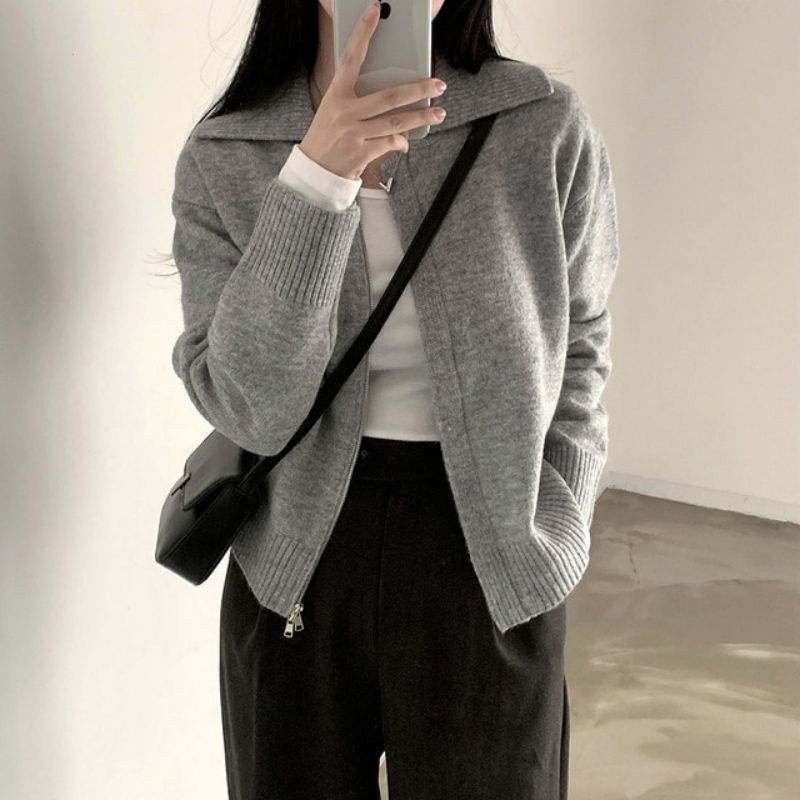 Polo Collar Double-headed Zipper Sweater Cardigan