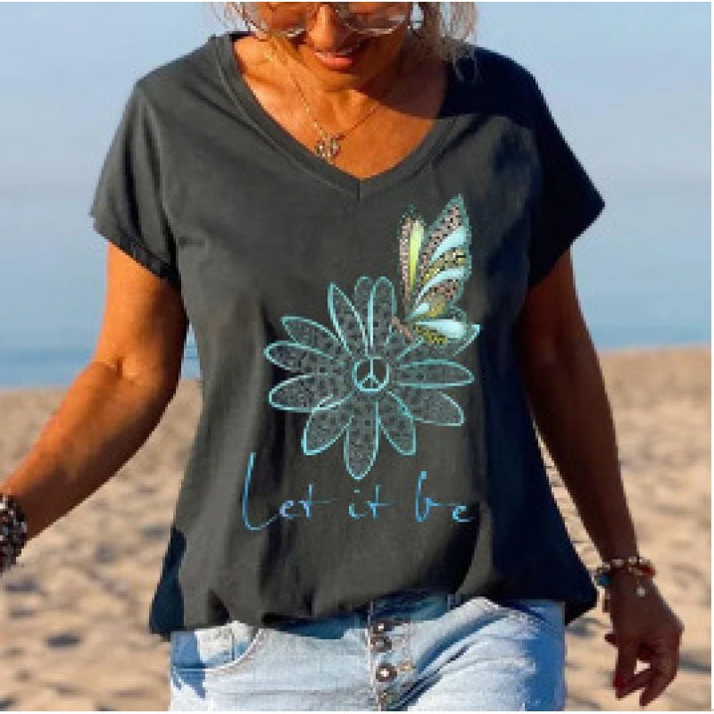 Loose Fashion V-neck Cartoon Digital Printed T-shirt