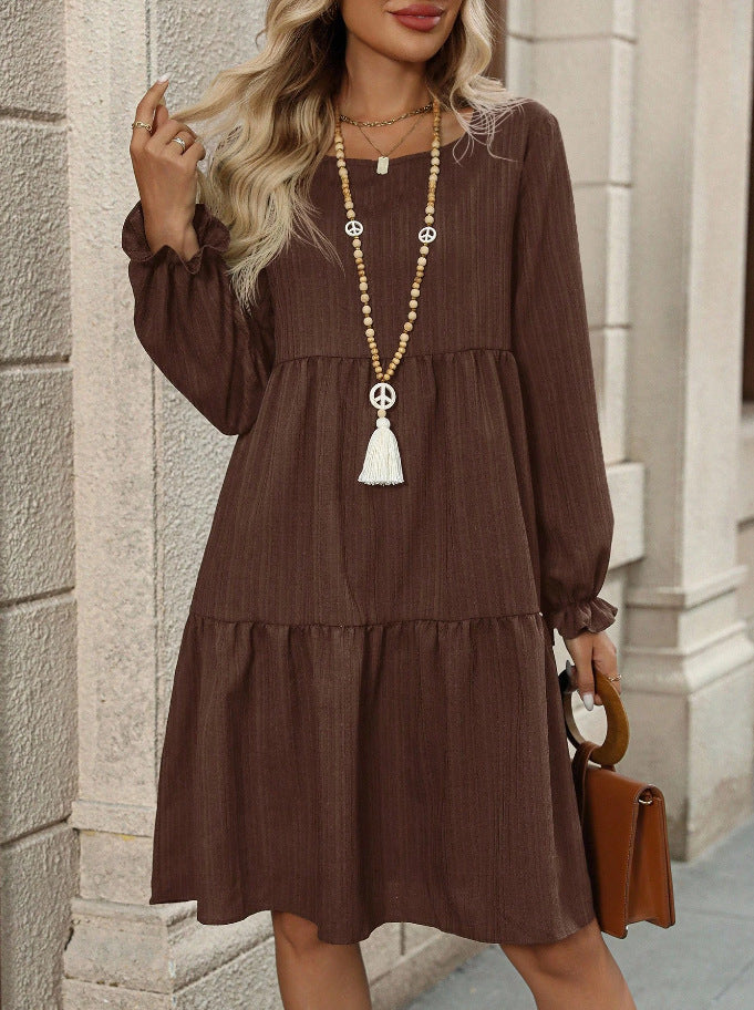 Womens Solid-Color Crew-Neck Casual All-Match Dress
