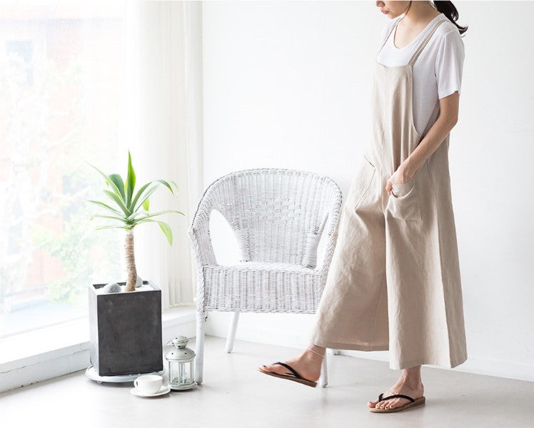 New Loose Casual Wide Leg Cotton Hemp Sling Jumpsuit