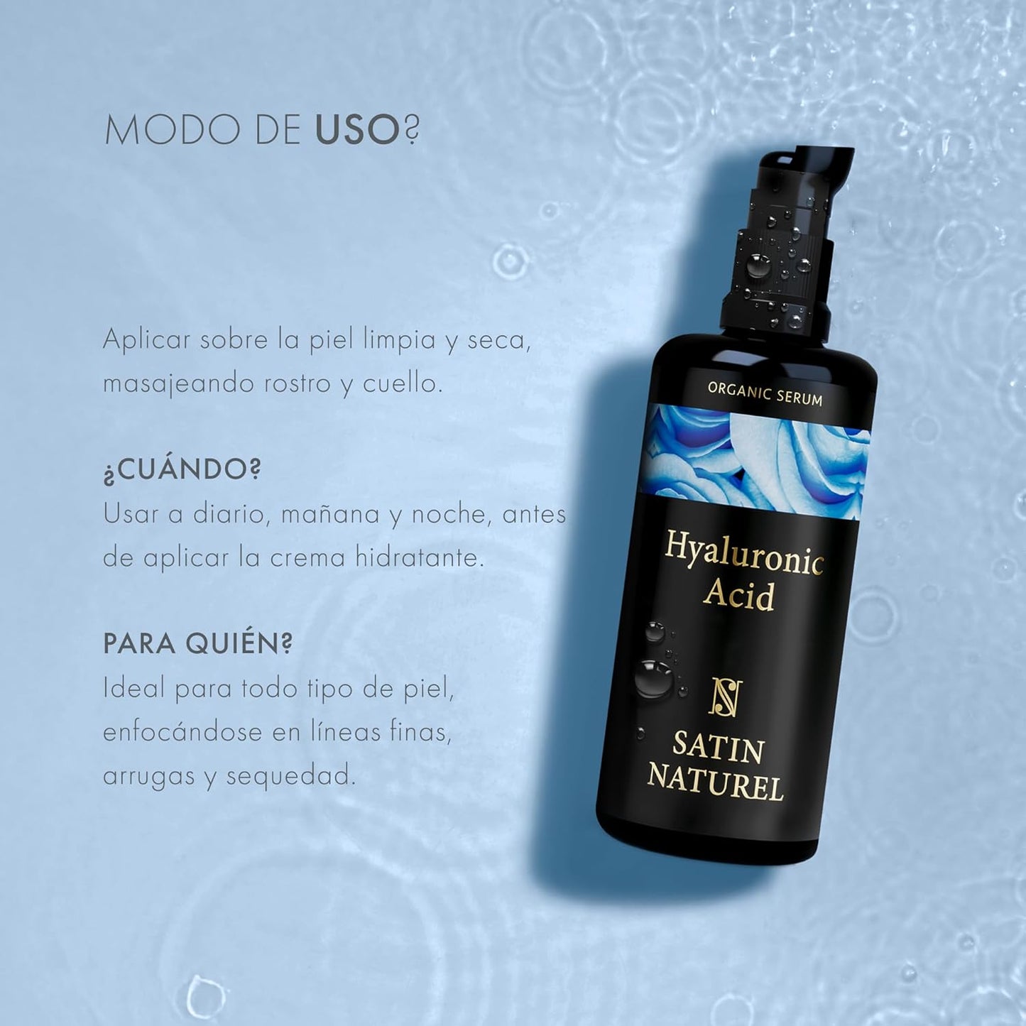 Satin Naturel Serum Facial Acido Hialuronico Orgánico 50Ml, Hidratante, Antiarrugas, Antimanchas Vegano - Piel, Cara Y Contorno De Ojos - Crema Hidratante Facial Mujer - Serum Acido Hialuronico