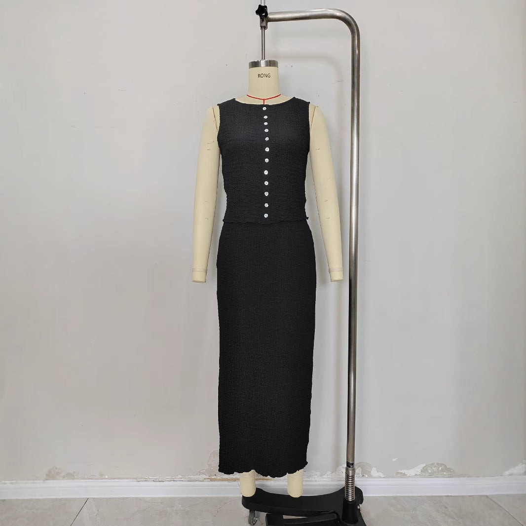 Fashion Sleeveless Top Knitted Long Skirt Ladies Suit