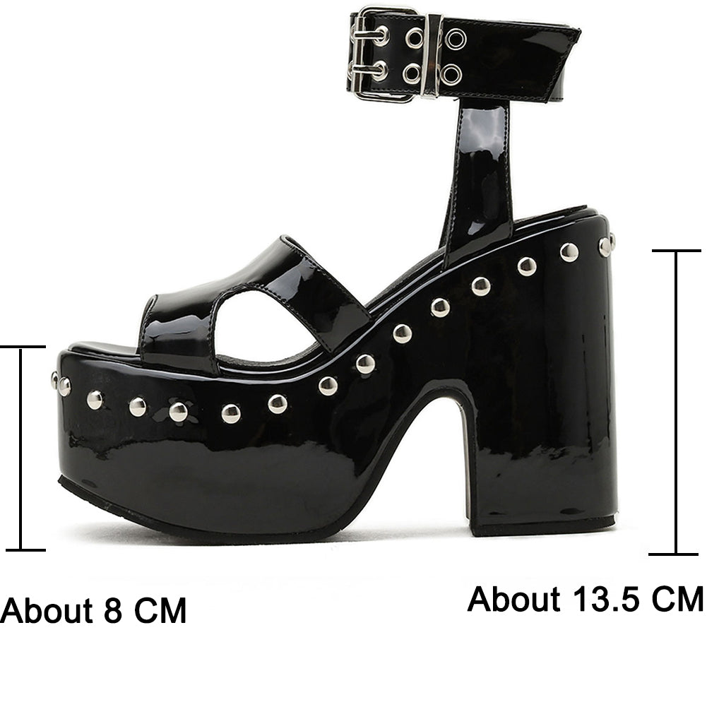 Block-heel Platform Patent Leather Rivet Fish Mouth Sandals