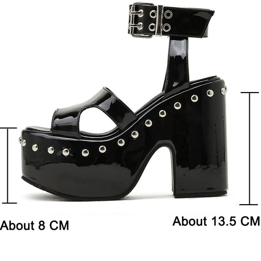 Block-heel Platform Patent Leather Rivet Fish Mouth Sandals
