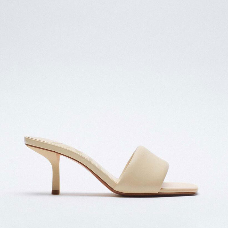 Nude Square Toe Sheep Leather High-heeled Sandals Stiletto Slippers
