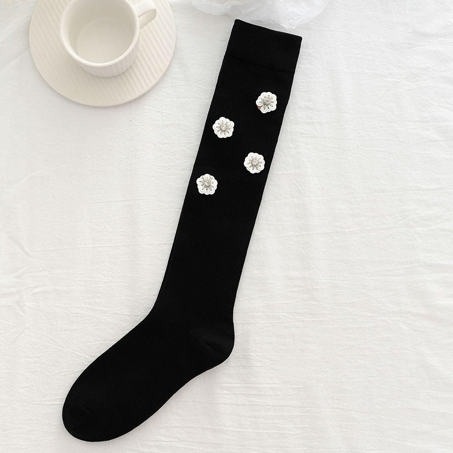 Hand-designed Heavy Industry Sequined Diamond Bow High Socks