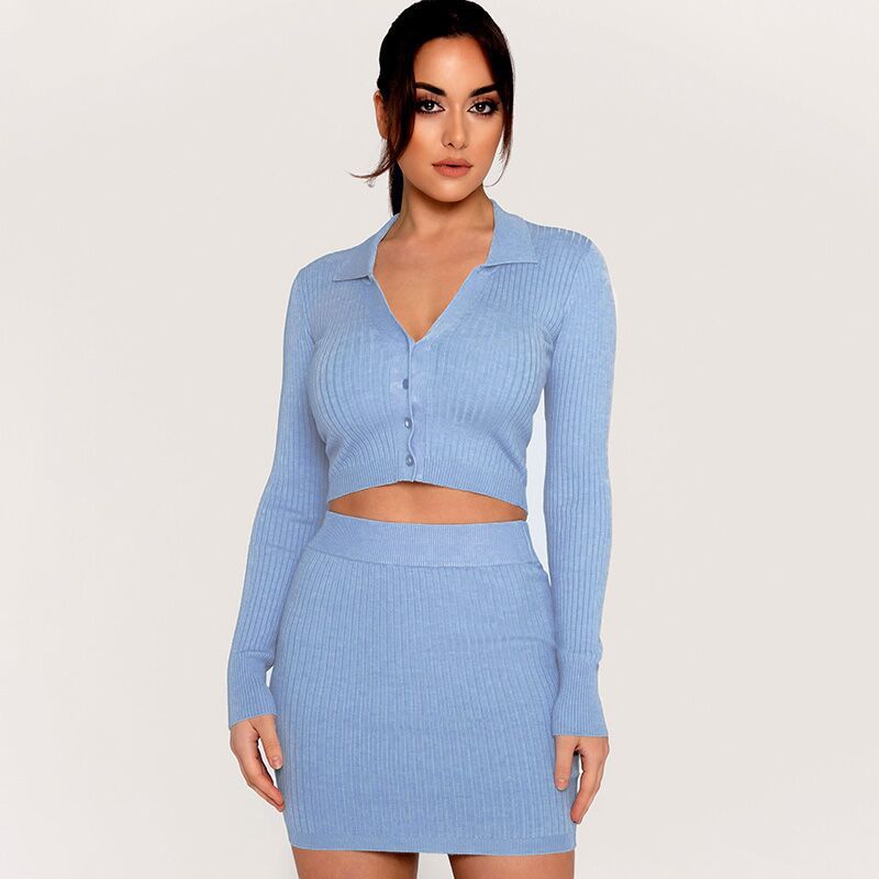 Autumn And Winter Leisure Fashion V-neck Slim-fit Long Sleeve Miniskirt Two-piece Set Women's Knitted Suit