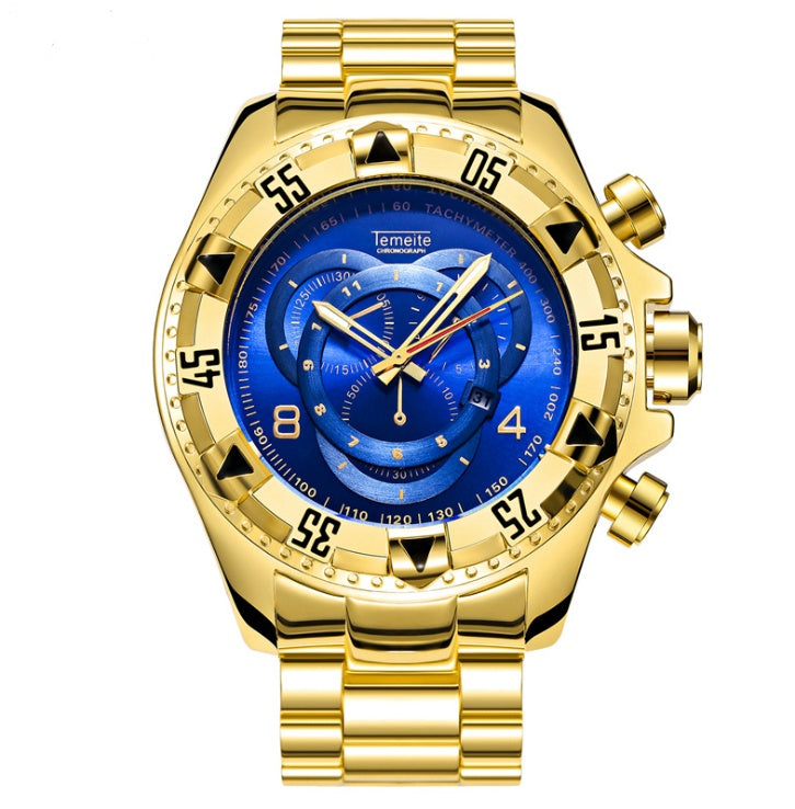 Explosion models watch men's fake three-eye luminous large dial steel belt sports men's watch