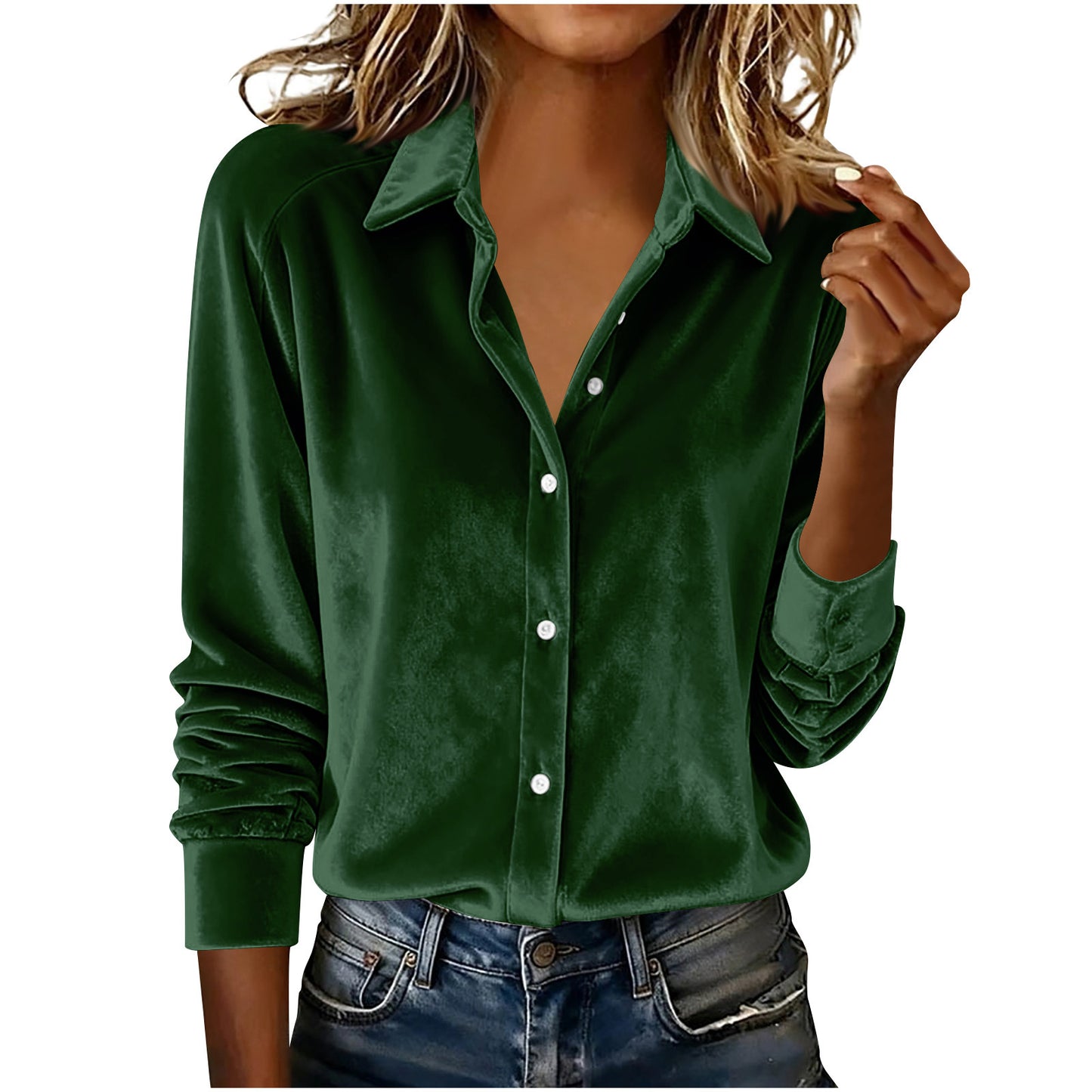 Versatile Solid-color Gold-velvet Shirt With A Lapel Collar