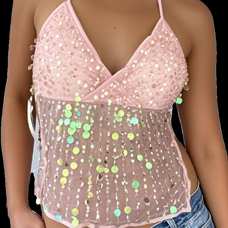 Women's Dopamine Sequined Suspender Deep V Strap Top
