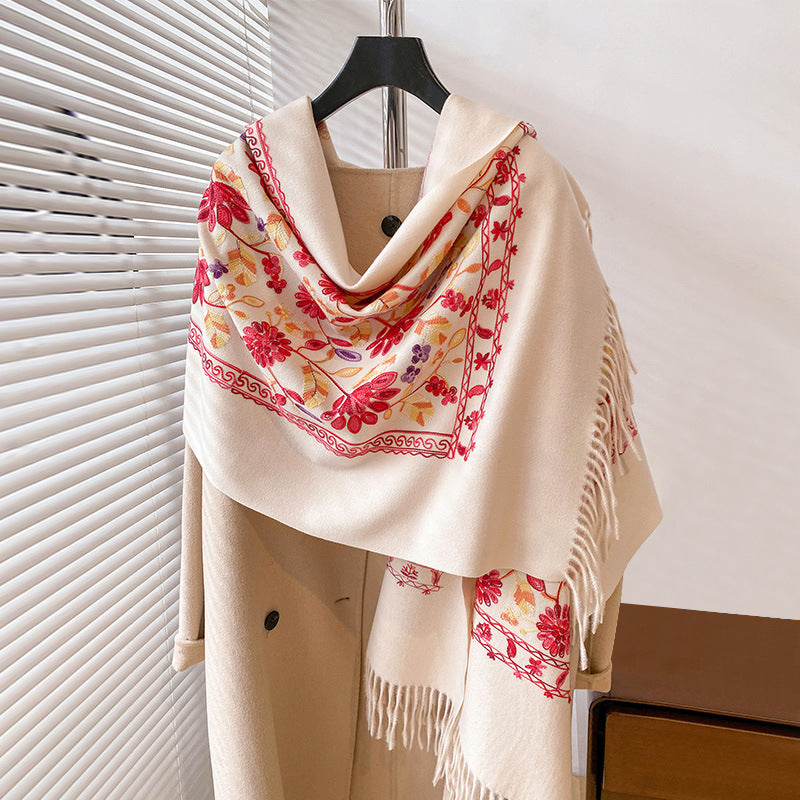 Autumn And Winter Plant Flowers Embroidered Retro Artistic Ethnic Style Cashmere-like