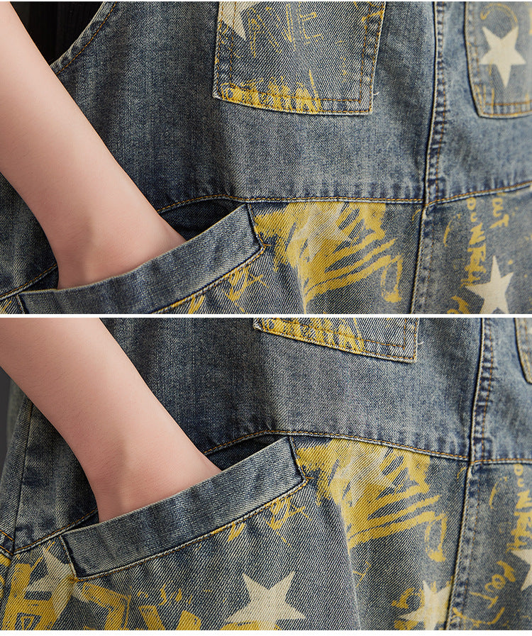 Fat Sister Nostalgic Pentagram Print Denim Bib Shorts