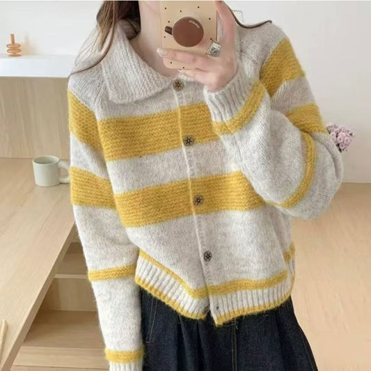 Women's Retro Contrast Color Striped Lapel Sweater Cardigan Coat