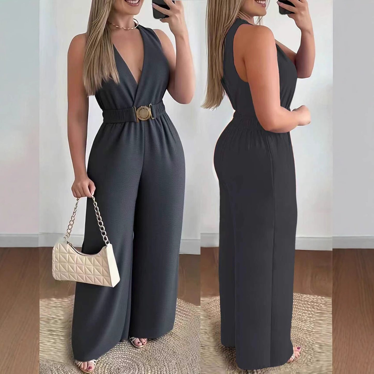 Slant Pockets Solid Color Sexy Loose Elastic-Waist Wide-Leg Pants