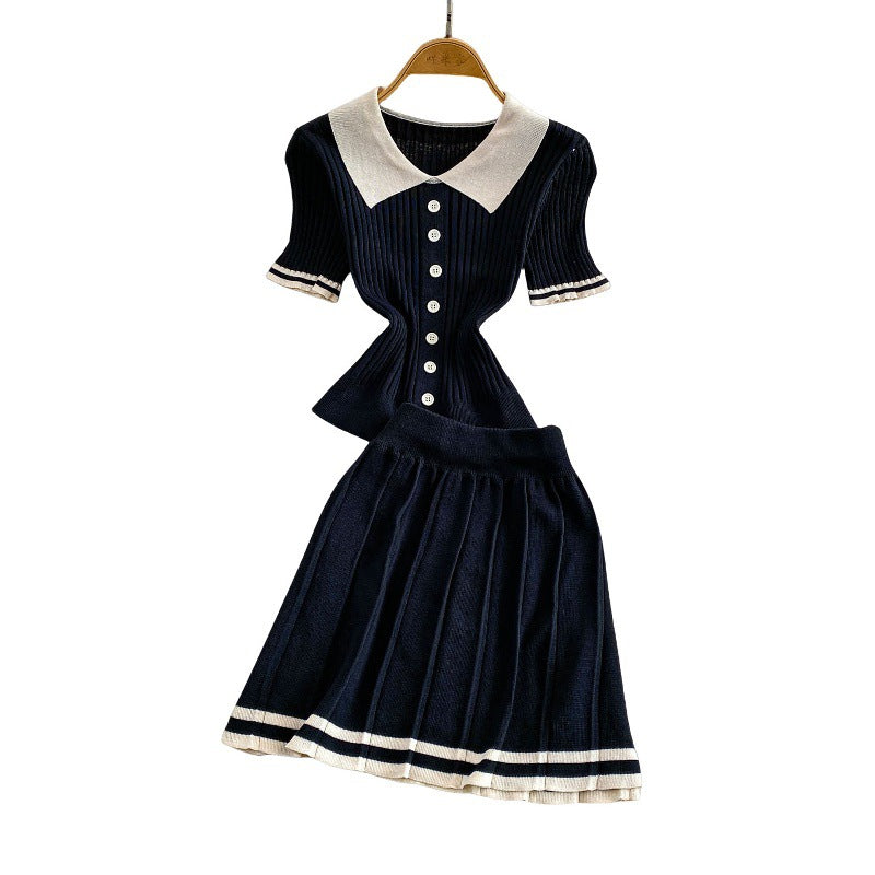Contrast-color Button-front Top With A High-waisted Skirt