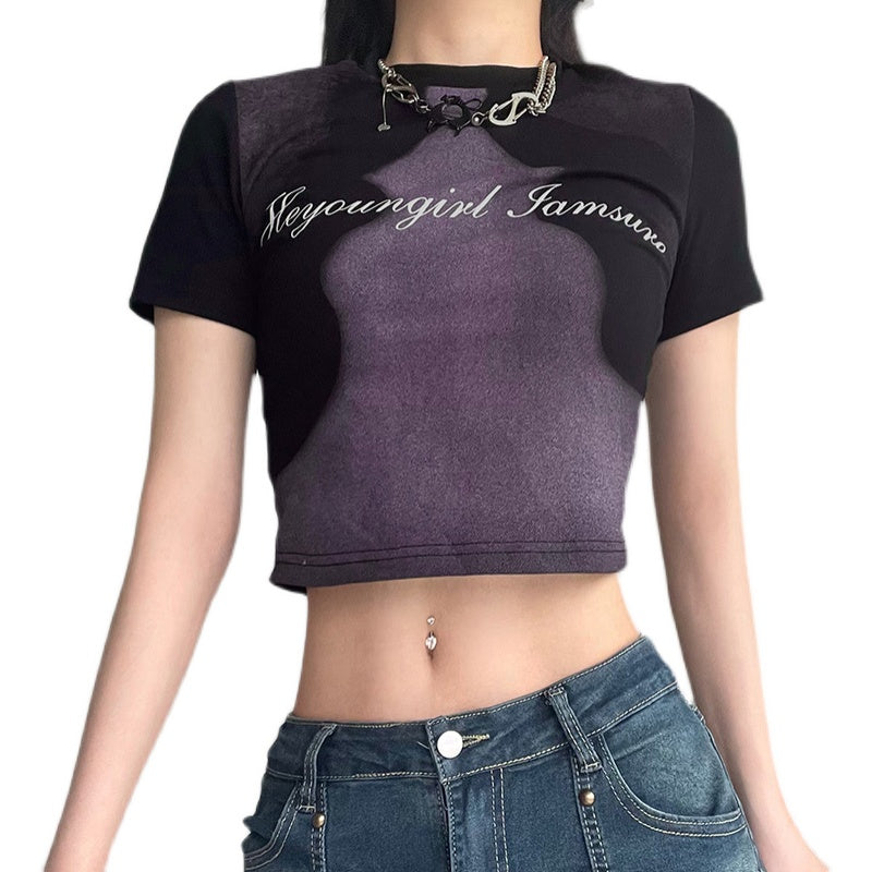 Abstract Face Print Color Contrast T-shirt Women's Slim Fit