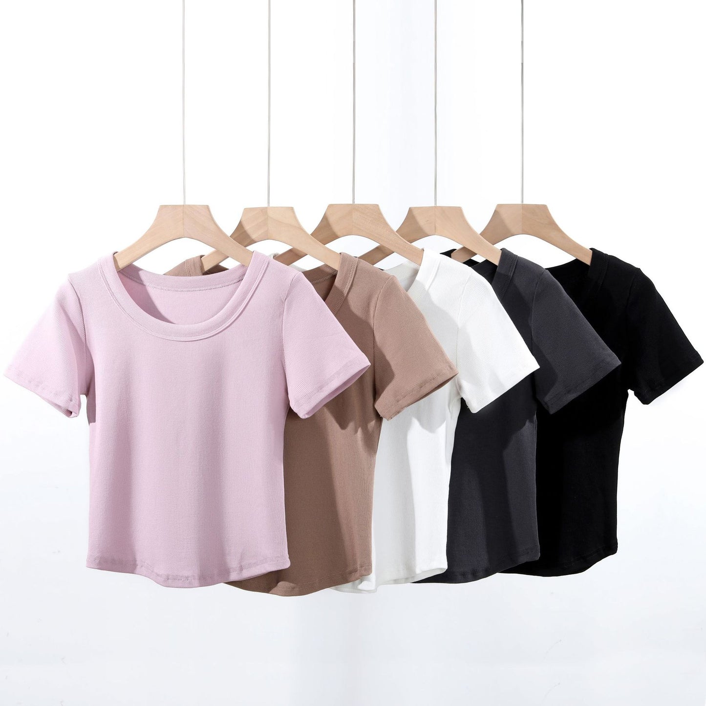 Women's French-style O-neck Short ICE Cotton T-shirt With Curved Hem
