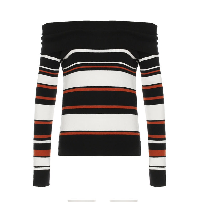 American-style Casual Contrast Color Striped Off-shoulder Sweater