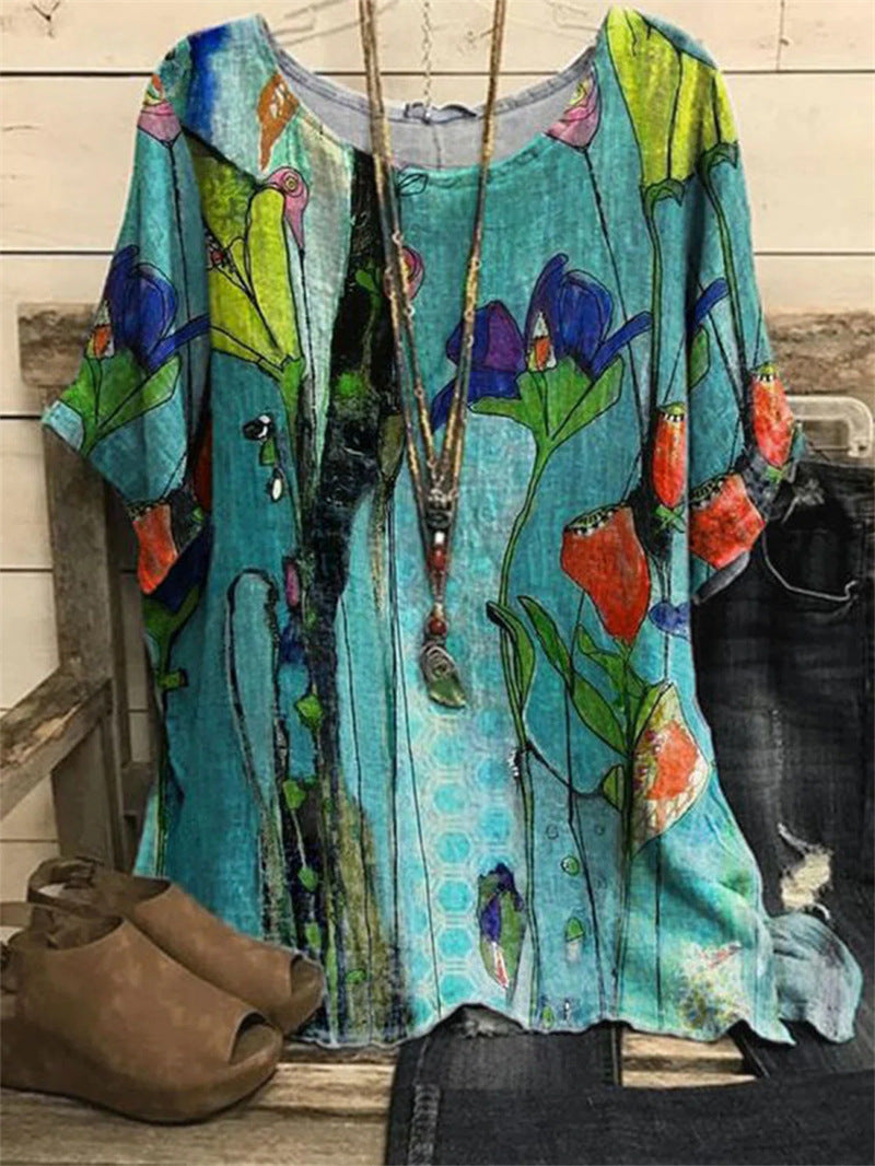 Pattern Printed Loose Short Sleeve Round Neck Shirt