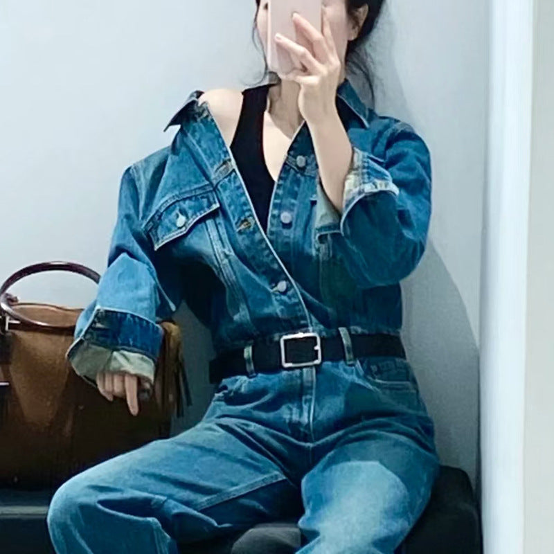 Women's Retro Washed Cotton High-Waist Straight-Leg Jumpsuit