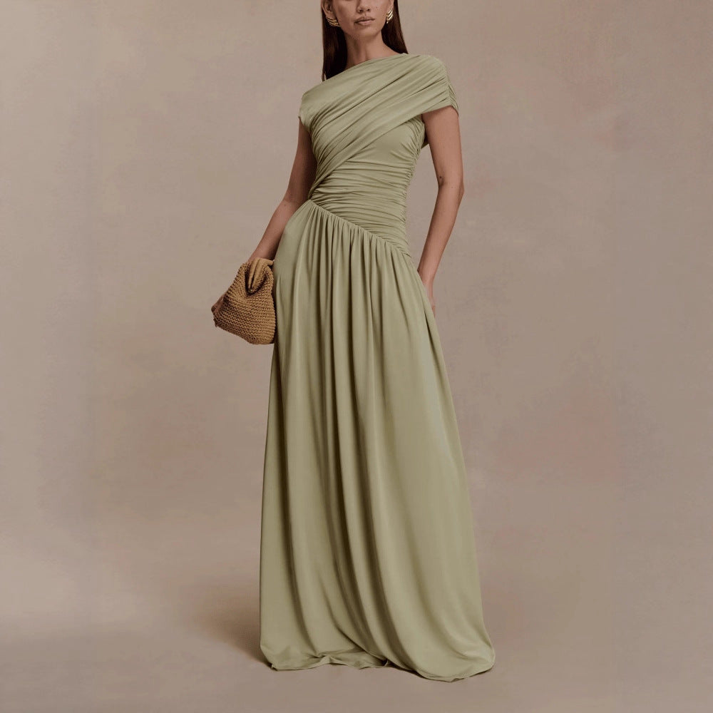 Elegant Solid-Color Pleated Asymmetrical-Neck Bodycon Dress