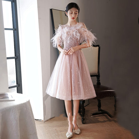 Niche High-end French Style Feather Evening Dress For Women