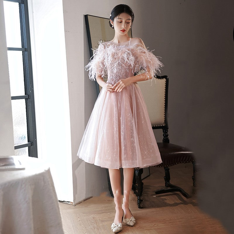 Niche High-end French Style Feather Evening Dress For Women