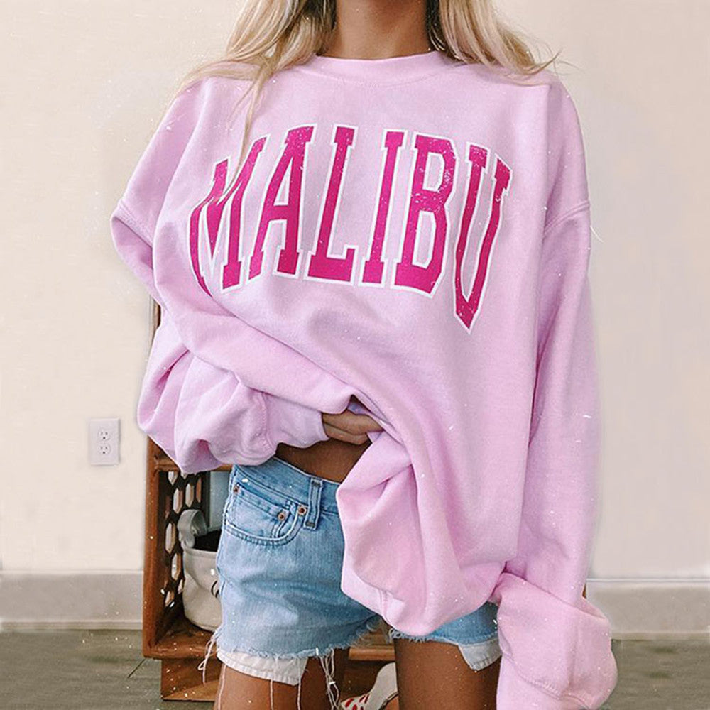 Langærmet løs rundhalset afslappet sweatshirt til damer med bogstaver