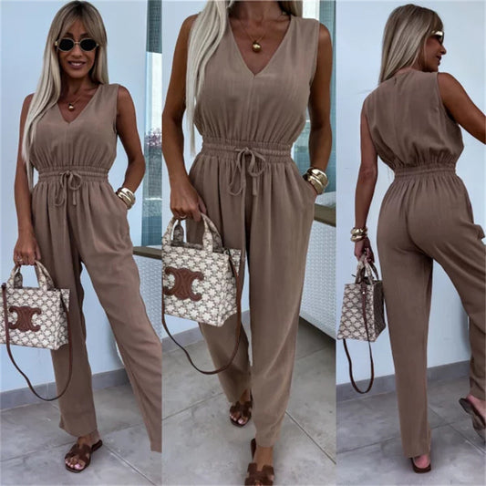 Womens Casua Elegant Solid-Color High-Waisted Sleeveless Jumpsuit